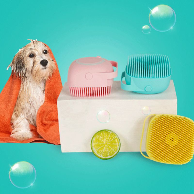 Soft Silicone Bristles Cat Dog Bath Brush Scrubber w/Shampoo Dispenser